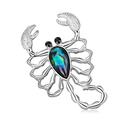 The Tropicana Kopiana Brooch - A beautiful silver-toned zinc alloy scorpion brooch adorned with crystals and polished paua shell.