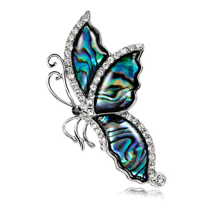 The Tropicana Leilani Brooch - A beautiful silver-toned zinc alloy butterfly brooch adorned with crystals and polished paua shell.