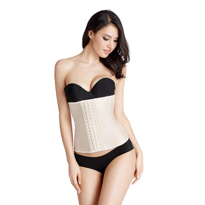 The Eve Latex Waist Trainer - This image shows a model wearing a high-quality rubber corset with three rows of hooks in the front and a matte surface texture.