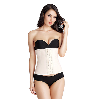 The Eve Latex Waist Trainer - This image shows a model wearing a high-quality rubber corset with three rows of hooks in the front and a matte surface texture.