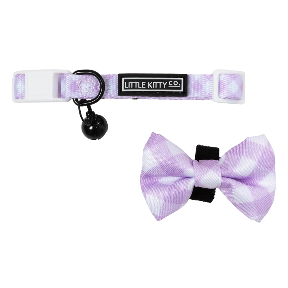 Little Kitty Co. Cat Collar & Bow Tie - Berry Gingham - Berry Gingham is exactly what it sounds like - a delicate pastel purple and white gingham print, with a matching purple lining.