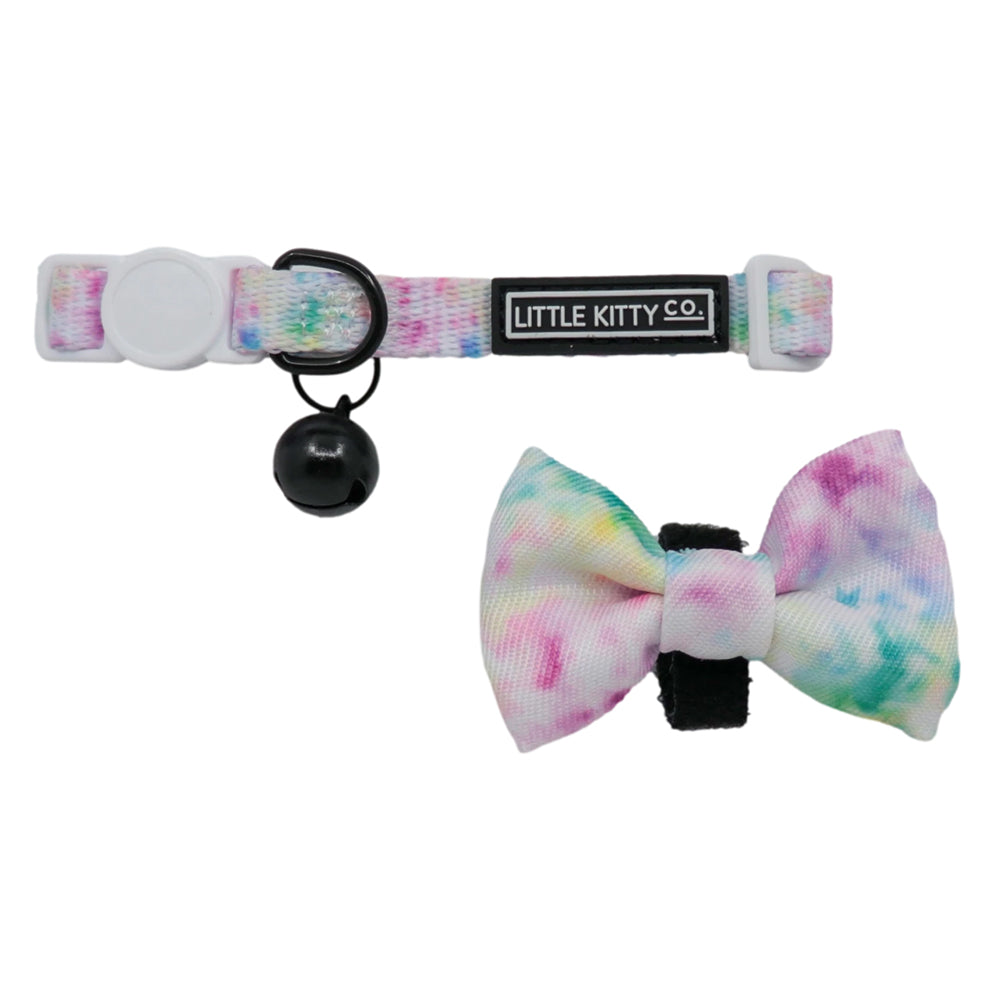 Little Kitty Co. Cat Collar & Bow Tie - a delightfully delicate pastel blend on the outside, contrasted against a vibrant bubblegum pink lining.