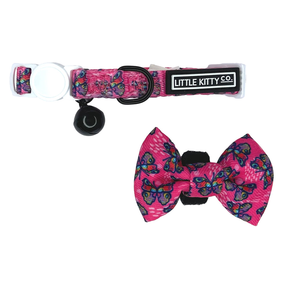 Little Kitty Co. Cat Collar & Bow Tie - Flutterly Fab | Flutterly Fab is an adorable hot pink design adorned with cute little cartoon butterflies. So much fun! Available in collar, harness, and leash. Grab yours today!