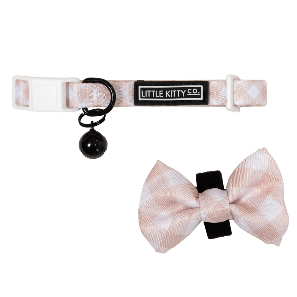 Little Kitty Co. Cat Collar & Bow Tie - Latte Gingham is a soft, tasty pastel brown, perfect for the classy kitty who doesn't need bright colours to stand out from the cafe crowd.