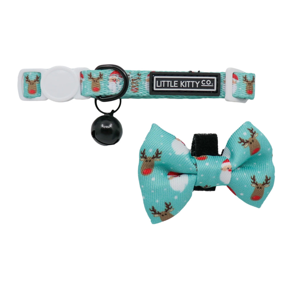 Little Kitty Co. Cat Collar & Bow Tie - Santa's Reindeers (Limited Edition) - An adorable cat collar with a cyan/teal background, decorated with little cartoon reindeer and images of Santa Claus.