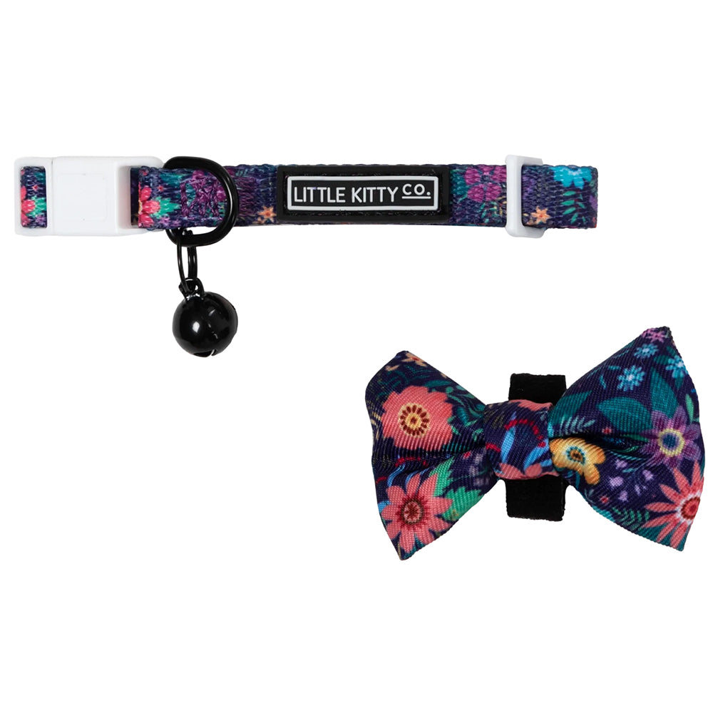 Little Kitty Co. Cat Collar & Bow Tie - Stop And Smell The Flowers a cool and refreshing dark blue print with a stylised floral motif, perfect for those summertime adventures.