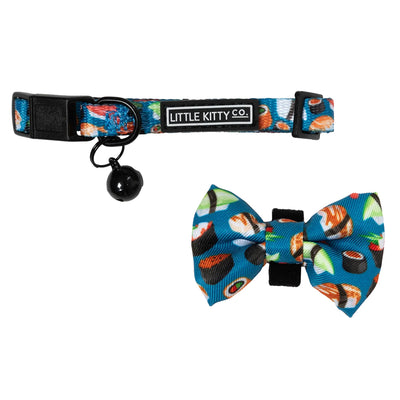 Little Kitty Co. Cat Collar & Bow Tie - Sushi Makes Miso Happy is the perfect treat for the fashionable sushi fan, with a cool turquoise print and colourful cartoon print.