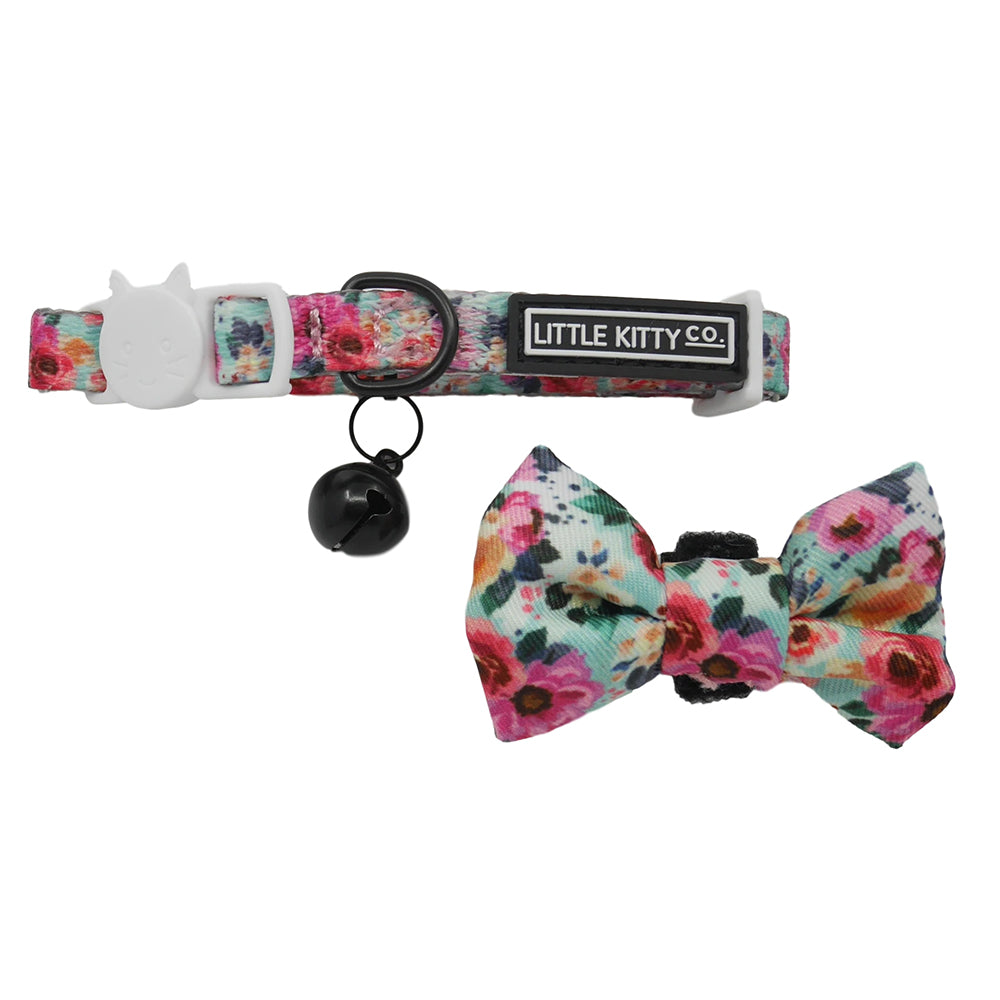 Little Kitty Co. Cat Collar & Bow Tie - That Floral Feeling | That Floral Feeling is a lovely, classic floral pattern with delicate pink flowers on a teal background. 
