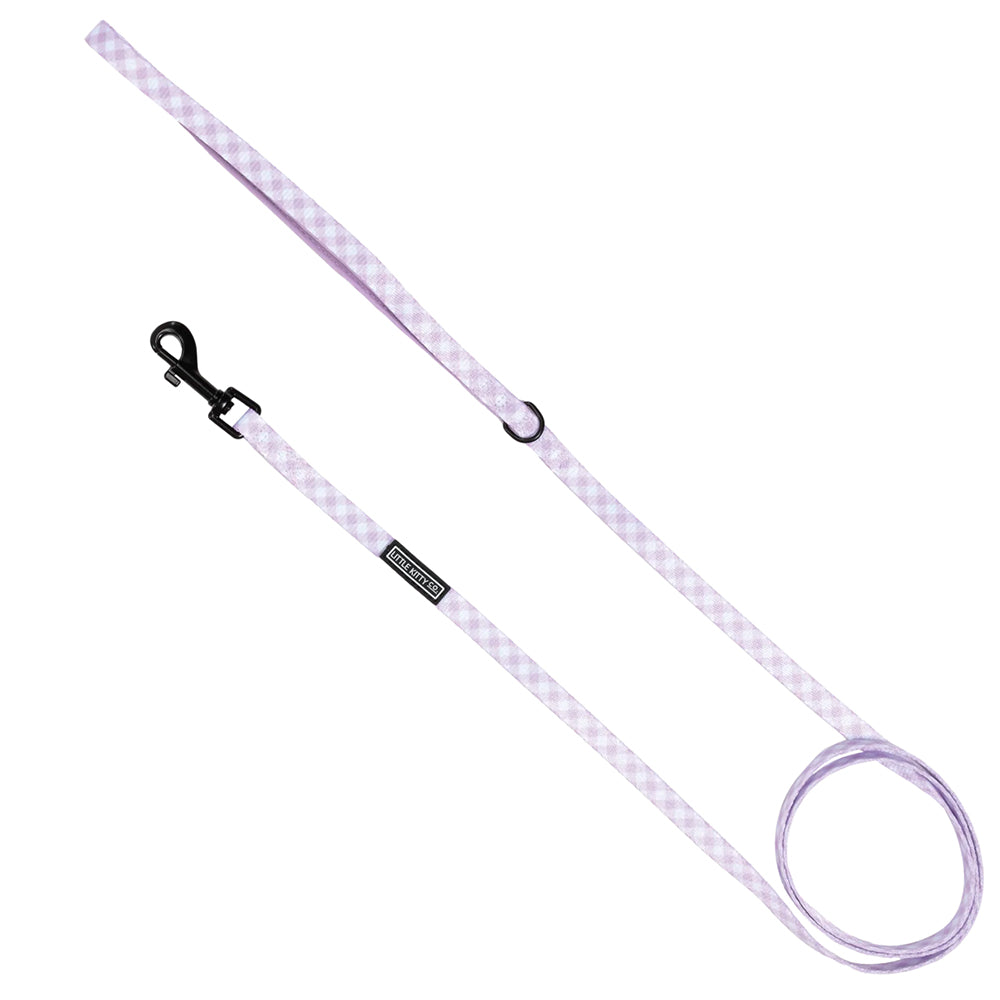 Little Kitty Co. Cat Leash - Berry Gingham - Berry Gingham is exactly what it sounds like - a delicate pastel purple and white gingham print, with a matching purple lining. 