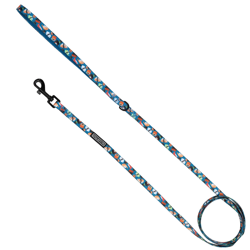 Little Kitty Co. Cat Leash - Sushi Makes Miso Happy is the perfect treat for the fashionable sushi fan, with a cool turquoise print and colourful cartoon print.