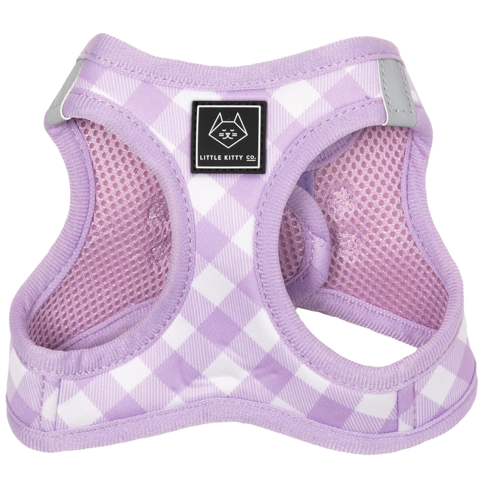 Little Kitty Co. Cat Step-In Harness - Berry Gingham - Berry Gingham is exactly what it sounds like - a delicate pastel purple and white gingham print, with a matching purple lining. 