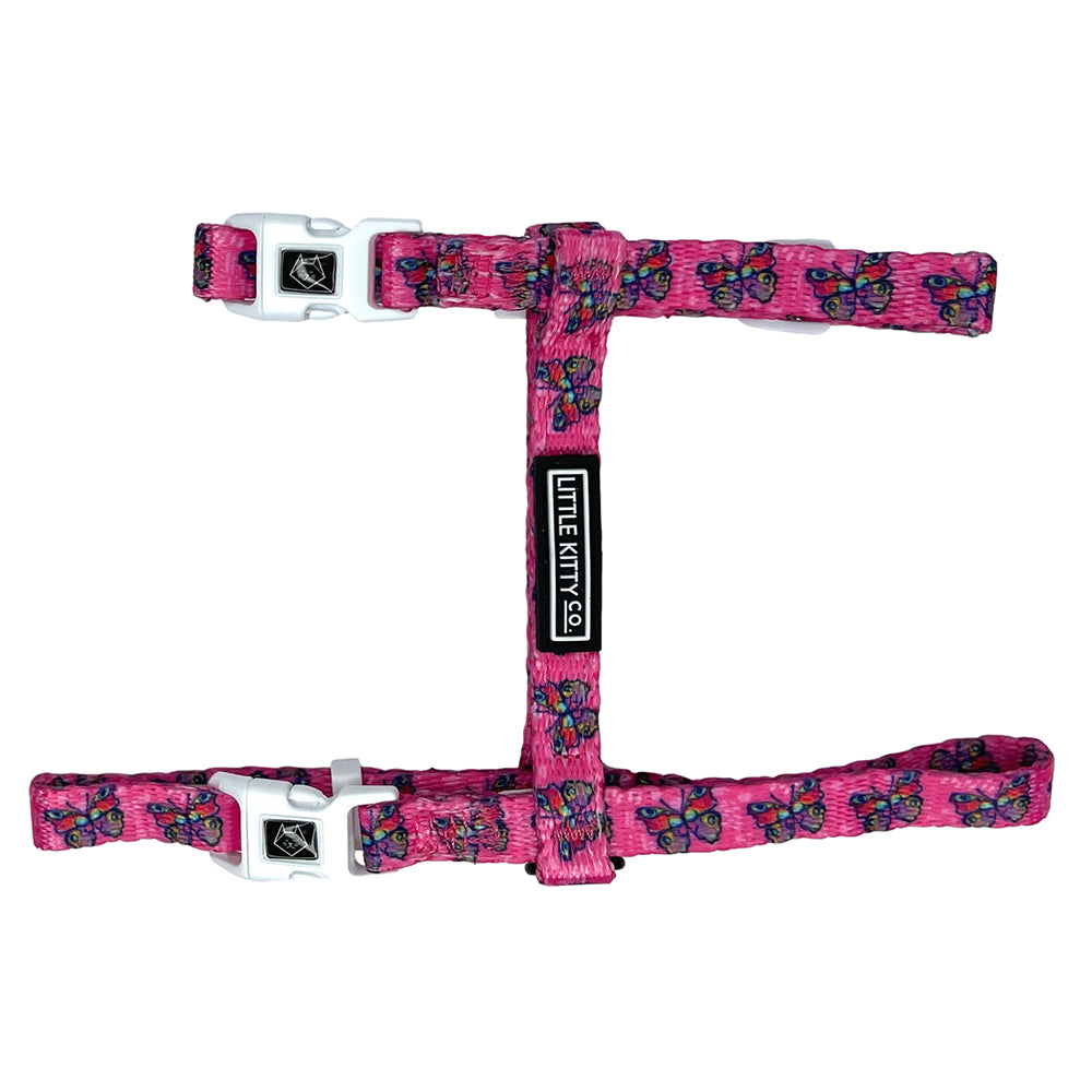 Little Kitty Co. Cat Strap Harness - Flutterly Fab | Flutterly Fab is an adorable hot pink design adorned with cute little cartoon butterflies. So much fun! Available in collar, harness, and leash. Grab yours today!
