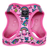 Little Kitty Co. Cat Step-In Harness - Meow-gical - A hot pink cat harness decorated with cute cartoons illustrations of dancing unicorns and rainbows.