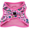 Little Kitty Co. Cat Step-In Harness - Meow-gical - A hot pink cat harness decorated with cute cartoons illustrations of dancing unicorns and rainbows.