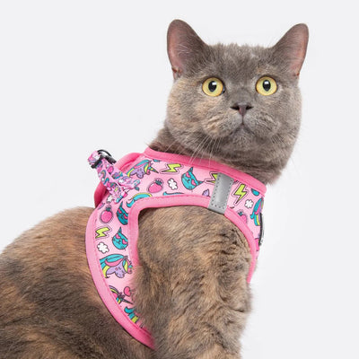 Little Kitty Co. Cat Step-In Harness - Meow-gical - A hot pink cat harness decorated with cute cartoons illustrations of dancing unicorns and rainbows.