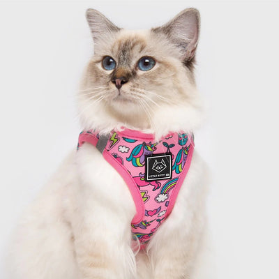 Little Kitty Co. Cat Step-In Harness - Meow-gical - A hot pink cat harness decorated with cute cartoons illustrations of dancing unicorns and rainbows.