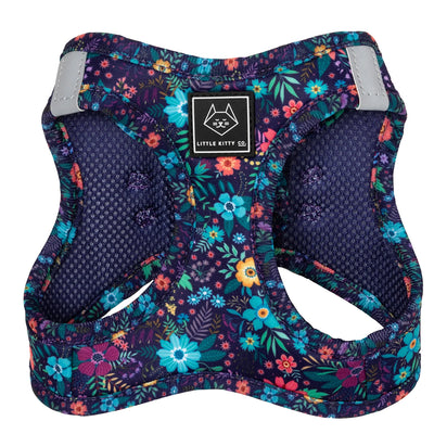 Little Kitty Co. Cat Step-In Harness - Stop And Smell The Flowers a cool and refreshing dark blue print with a stylised floral motif, perfect for those summertime adventures.