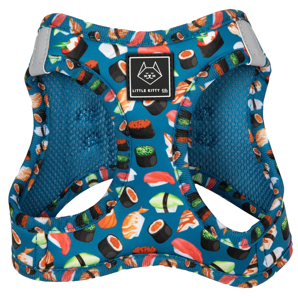 Little Kitty Co. Cat Step-In Harness - Sushi Makes Miso Happy is the perfect treat for the fashionable sushi fan, with a cool turquoise print and colourful cartoon print.  