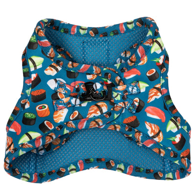Little Kitty Co. Cat Step-In Harness - Sushi Makes Miso Happy is the perfect treat for the fashionable sushi fan, with a cool turquoise print and colourful cartoon print.