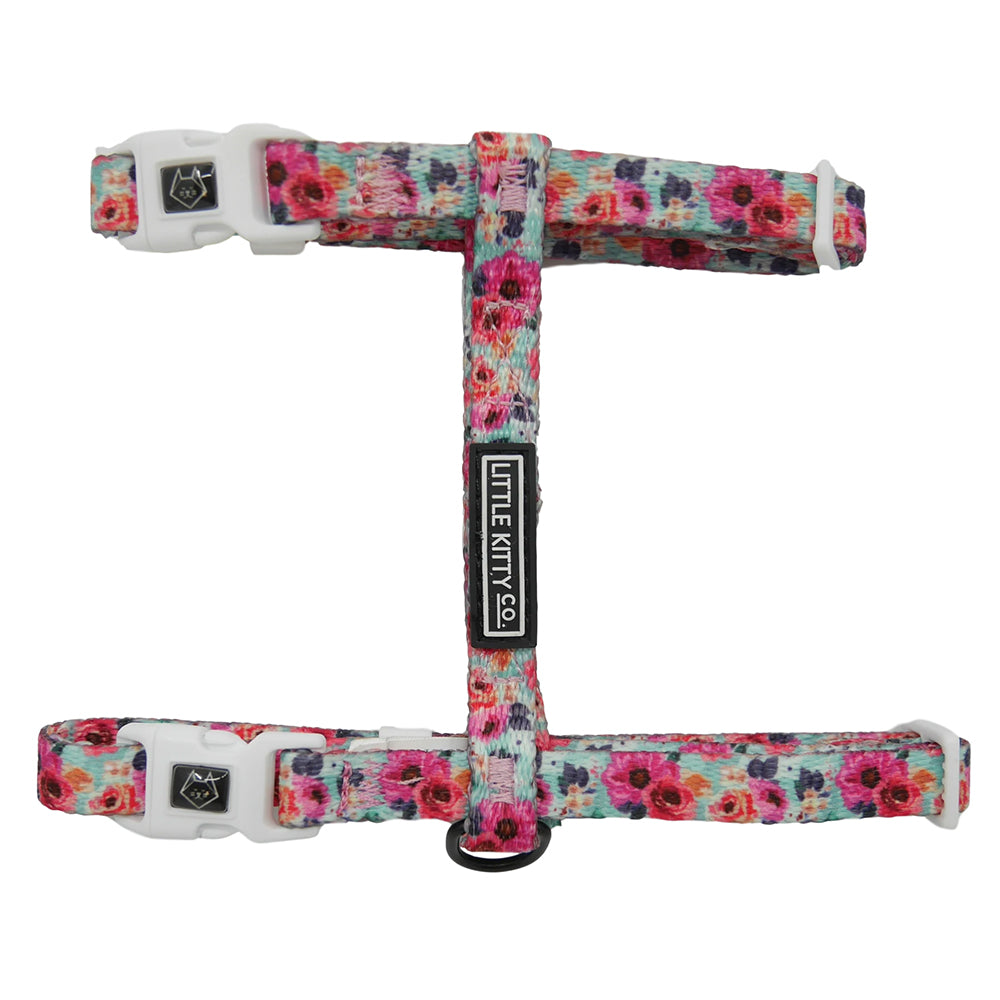 Little Kitty Co. Cat Strap Harness - That Floral Feeling | That Floral Feeling is a lovely, classic floral pattern with delicate pink flowers on a teal background. 