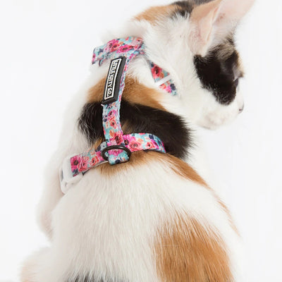 Little Kitty Co. Cat Strap Harness - That Floral Feeling | That Floral Feeling is a lovely, classic floral pattern with delicate pink flowers on a teal background.