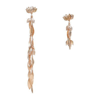 The Naomi Asymmetrical Vine Earrings - Long leaf-themed earrings available in gold or silver toned zinc alloy, with adjustable leaf charms.