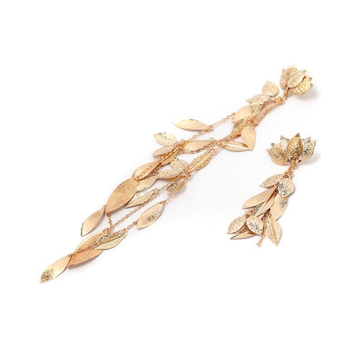 The Naomi Asymmetrical Vine Earrings - Long leaf-themed earrings available in gold or silver toned zinc alloy, with adjustable leaf charms.