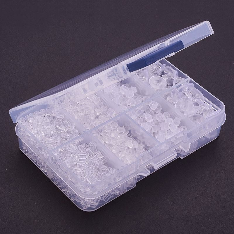 Earring Backs Kit - Hypoallergenic Variety Pack - A small box containing lots of silicone earring backs in different shapes and styles. 