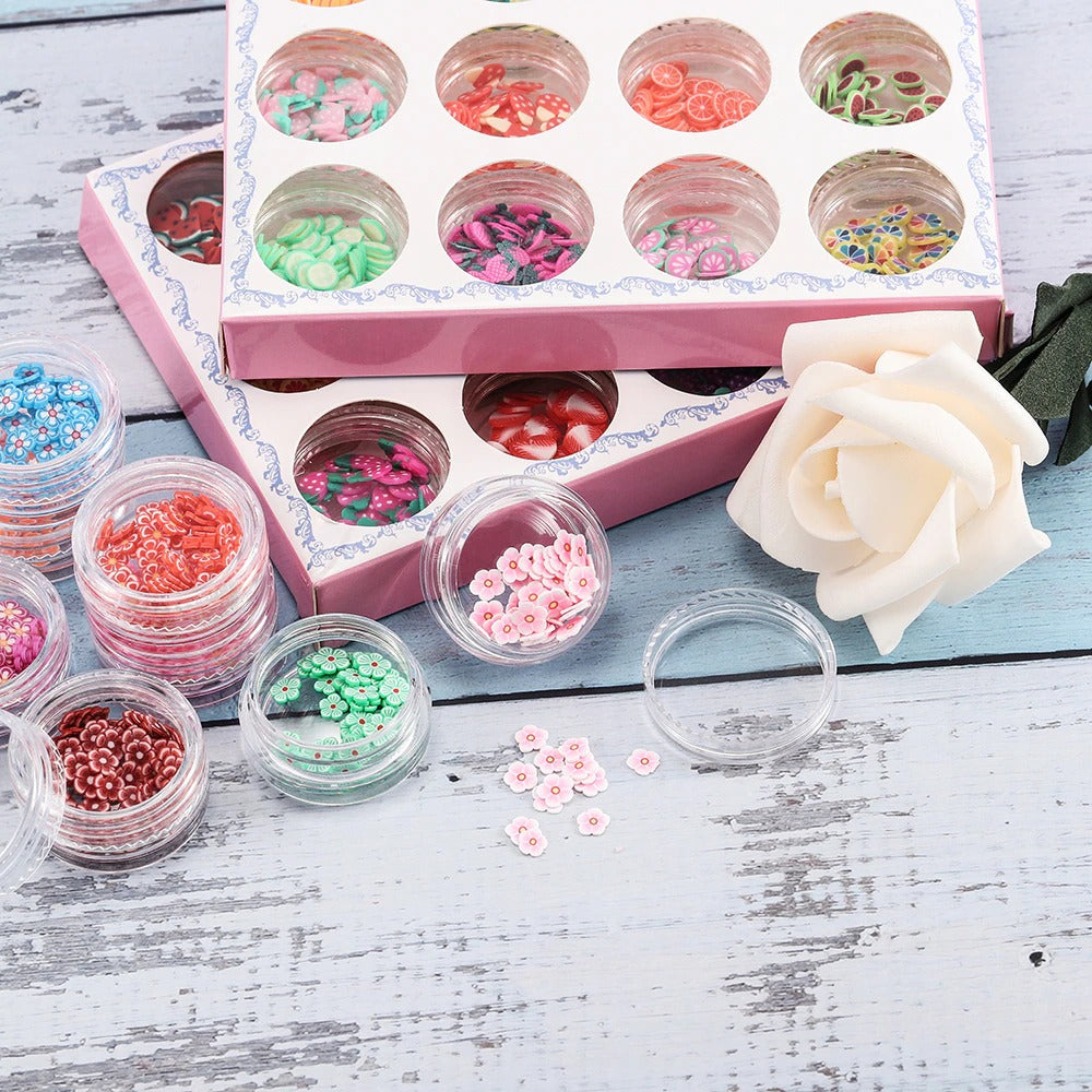 Colourful Cartoon Filler Kits - Small kits containing an assortment of brightly-coloured polymer clay filler trinkets for lockets, resin, slime, and other crafts. 