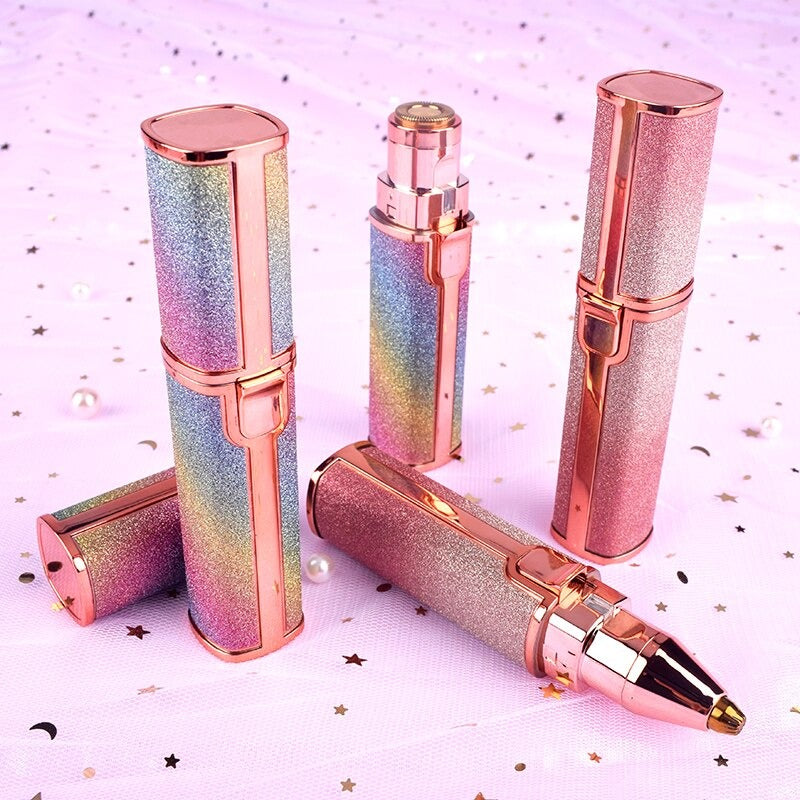 Aphrodite's Kiss 2-in-1 USB Eyebrow Trimmer & Shaver - A cute USB chargeable eyebrow trimmer, available with a glittery rainbow case or a pink case. 