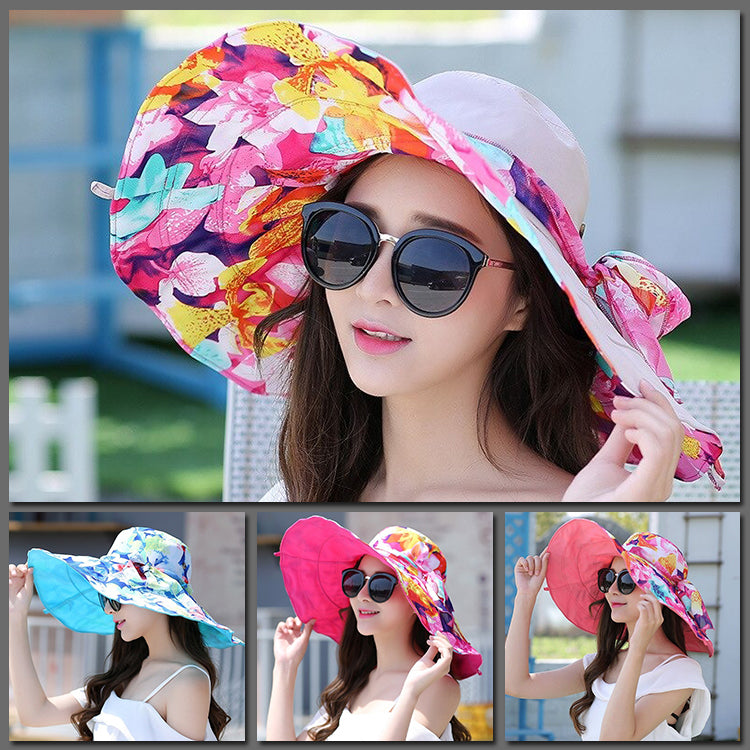 Heavenly Hibiscus Reversible Sunhat - A lovely, brightly-coloured large-brimmed sunhat with a solid colour on one side and a complimentary floral print on the other, which can be worn either way. It has a detachable scarf. This image shows all four colours in one picture.