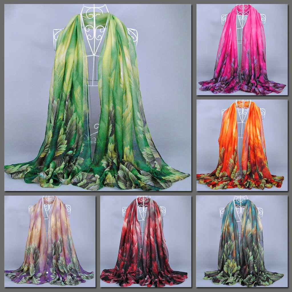 Beautiful chiffon scarves with fern designs in a variety of vibrant colours.