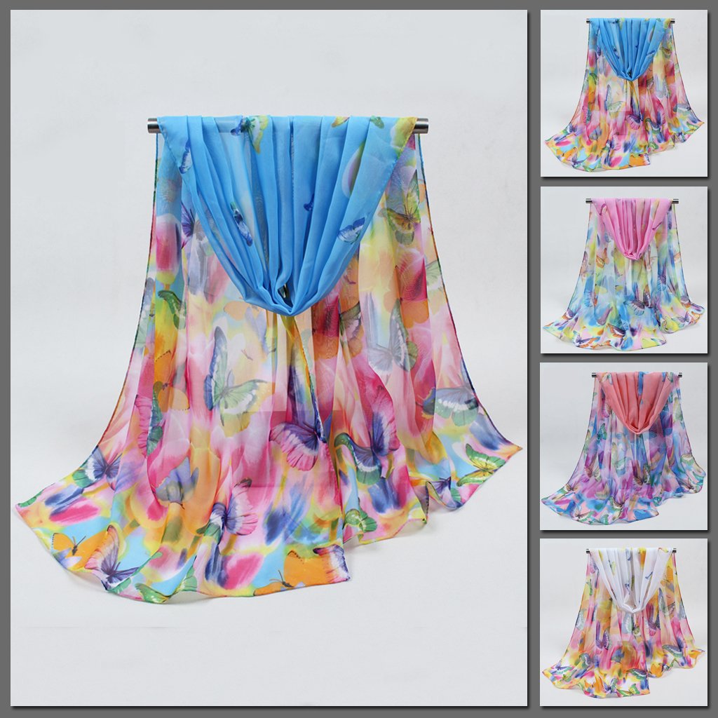 Beautiful chiffon scarves with butterfly designs in a variety of vibrant colours.