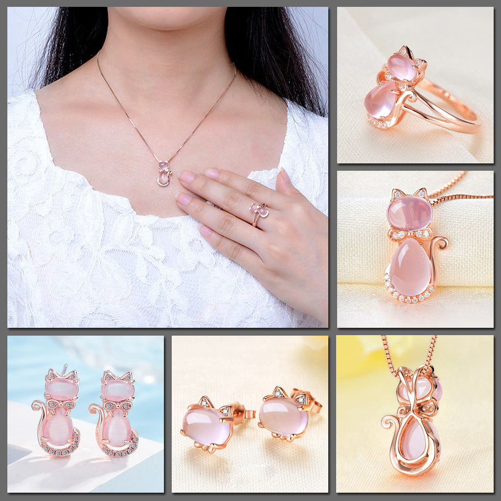 The Bastet Set - An adorable rose quartz/pink opal cat themed jewellery set.