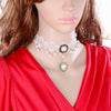 The Annabelle Choker - A white lace choker adorned with faux pearls and bronze hardware.