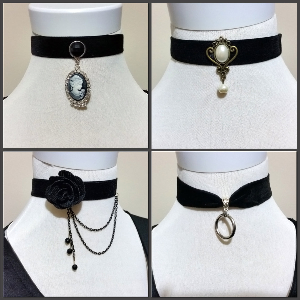 Assorted velvet chokers in four different designs. 