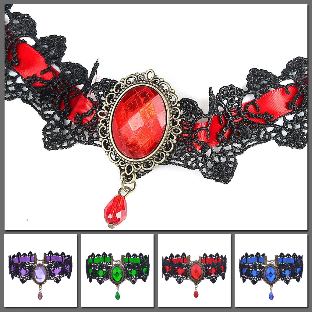 The Genevieve Choker - A black lace and contrast colour choker available in red, blue, green, or purple.  