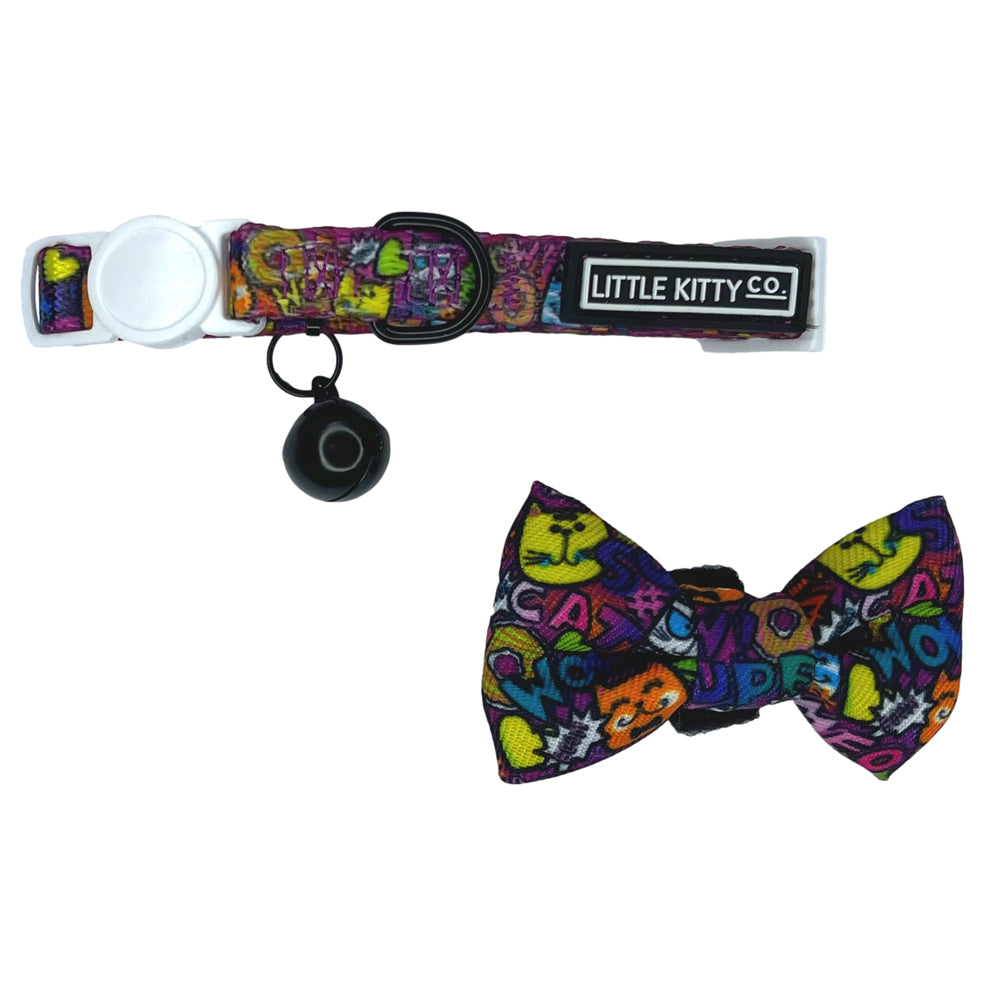 Little Kitty Co. Cat Collar & Bow Tie - Graffiti (Limited Edition) - A vibrant multi-coloured cat collar with a pop art motif. It has a white breakaway buckle, a black bell, and a matching bowtie that can be attached with velcro.