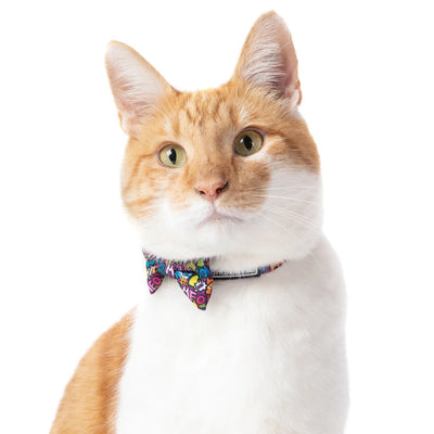 Little Kitty Co. Cat Collar & Bow Tie - Graffiti (Limited Edition) - A vibrant multi-coloured cat collar with a pop art motif. It has a white breakaway buckle, a black bell, and a matching bowtie that can be attached with velcro.