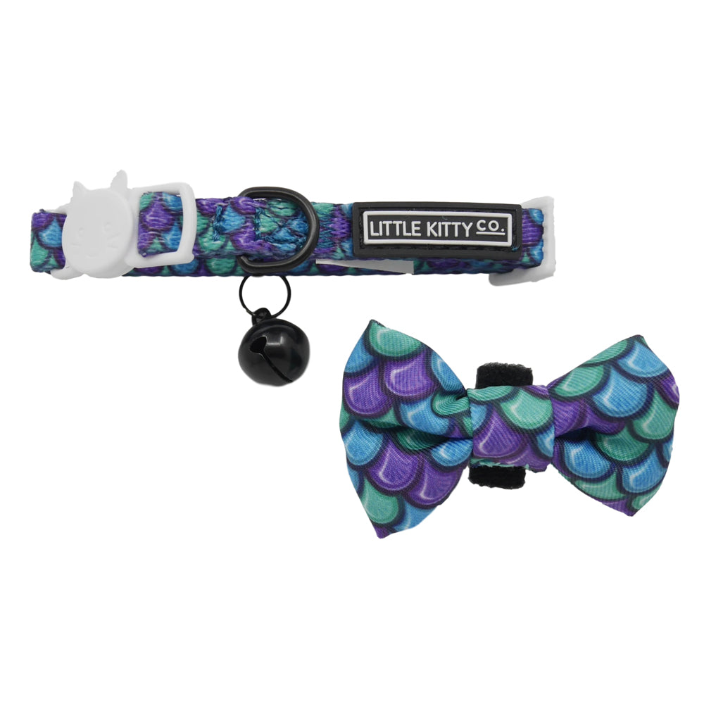 Little Kitty Co. Cat Collar & Bow Tie - Scaled Back (Limited Edition) - A lovely purple blue cat collar with a scale motif. It has a white cat-shaped buckle, a black bell, and a matching bowtie that can be attached with velcro.