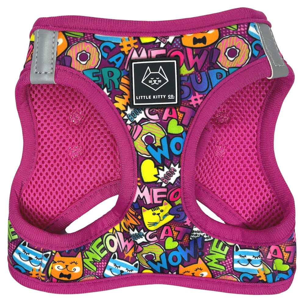 Little Kitty Co. Cat Step-In Harness - Graffiti (Limited Edition) - A brightly coloured cat harness with a hot pink mesh lining, and a colourful outer layer. The print includes an assortment of cute cartoon cats, food, and pop-art style words. 
