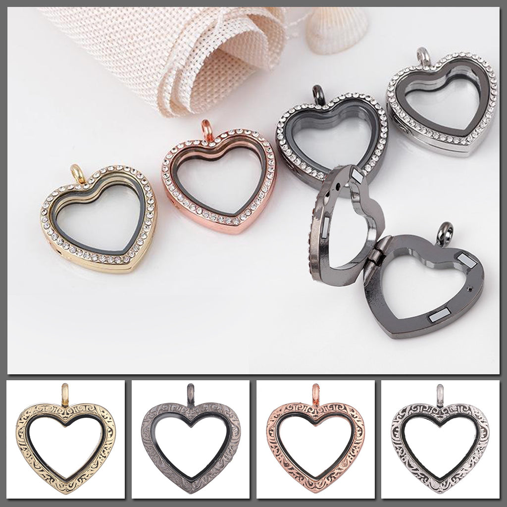 Kalliope Magnetic Floating Locket - A heart-shaped locket with glass panels in the front and back, allowing the user to place whatever they want on display in between. It is available in gold, gunmetal (dark silver) rose gold, or silver, and in either jewelled or etched/carved. 