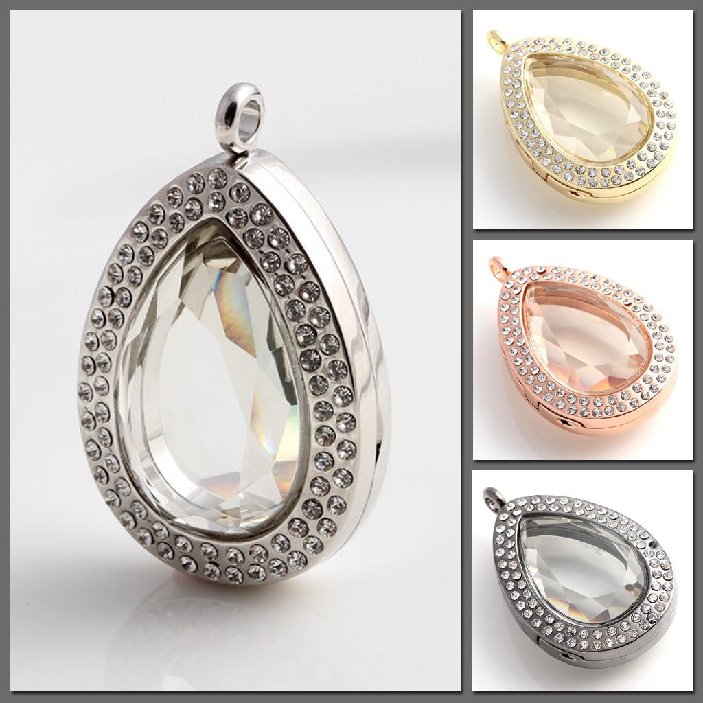 Melpomene Magnetic Floating Locket - A tear or water drop shaped floating locket with crystal-like glass and gemstones around the outside. 