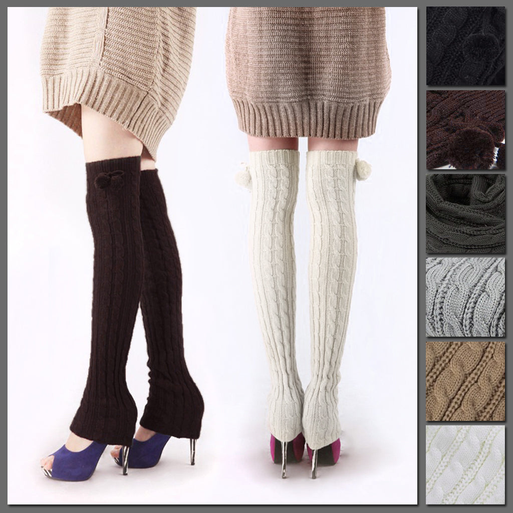 The Snuggle Weather Leg Warmers - A pair of adorable knit over-knee leg warmers available in six snuggly winter colours: Blackout (black), Hot Chocolate (dark brown), Tempest (dark grey), Overcast (light grey), Gingerbread (light brown), and Snowdrift (white).