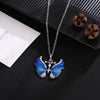 The Adonis Butterfly Necklace - Beautiful medium length silver coloured necklaces with butterfly pendants in blue, green, red, pink, purple, and honey orange gold.