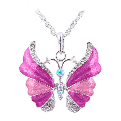 The Adonis Butterfly Necklace - Beautiful medium length silver coloured necklaces with butterfly pendants in blue, green, red, pink, purple, and honey orange gold.
