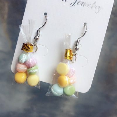 Teenytopia Mini Macarons Earrings - Cute earrings featuring a tiny bag of six macarons tied with a twistie tie, and strung on a french hook.