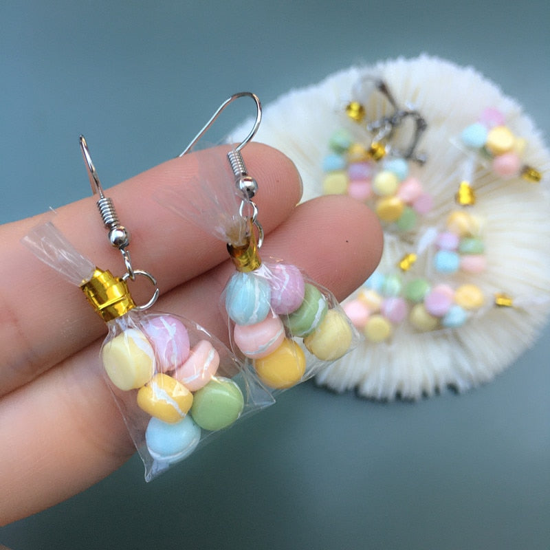 Teenytopia Mini Macarons Earrings - Cute earrings featuring a tiny bag of six macarons tied with a twistie tie, and strung on a french hook. 