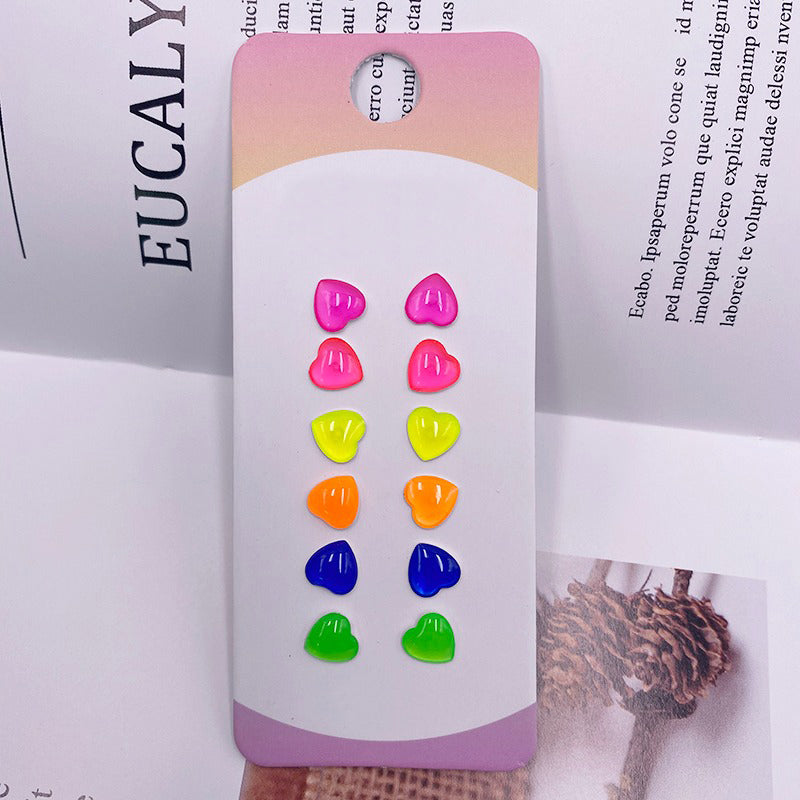 The Retro Revival - I Heart Neon Earring Set - A set of six small plastic heart-shaped studs in bright neon colours.