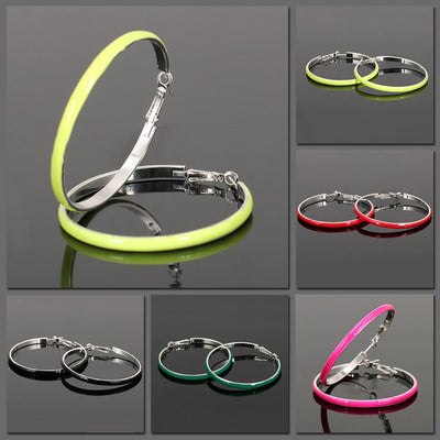The Retro Revival - Supah Dupah Hoop Earrings - Large steel coloured hoops with a colourful enamel outer layer, available in black, green, pink, red, or yellow.
